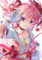 Rule 34 | 1girl, blush, bow, breasts, dress, ekita kuro, expressionless, facing viewer, frilled dress, frills, from above, gem, gloves, hair bow, hand up, highres, holding, holding gem, jewelry, kaname madoka, looking at object, magical girl, mahou shoujo madoka magica, mahou shoujo madoka magica (anime), medium hair, necklace, parted lips, pink dress, pink eyes, pink hair, red bow, red eyes, red ribbon, ribbon, short sleeves, silhouette, small breasts, solo, soul gem, white gloves