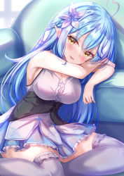 Rule 34 | 1girl, ahoge, bare arms, blue hair, blue skirt, blush, braid, breasts, corset, couch, crying, elf, flower, frilled skirt, frilled thighhighs, frills, hair between eyes, hair flower, hair ornament, half updo, heart, heart ahoge, highres, hololive, large breasts, long hair, looking at viewer, parted lips, pointy ears, shirt, sitting, skirt, sleeveless, sleeveless shirt, smile, solo, streaming tears, tears, thighhighs, very long hair, virtual youtuber, white flower, white shirt, white thighhighs, yellow eyes, yuano, yukihana lamy