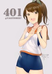 Rule 34 | 10s, 1girl, absurdres, brown eyes, brown hair, highres, i-401 (kancolle), kantai collection, looking at viewer, one-piece swimsuit, open mouth, ponytail, sailor collar, school swimsuit, smile, solo, swimsuit, swimsuit under clothes, yagitome87
