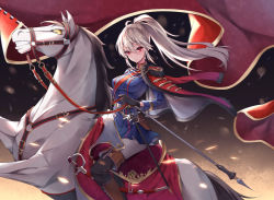 Rule 34 | 1girl, ahoge, banner, belt, black gloves, blonde hair, boots, cape, cavalry sword, epaulettes, fringe trim, gloves, highres, horse, knight, looking at viewer, military, military uniform, original, pants, ponytail, rapier, red eyes, riding, saddle, sheath, sheathed, solo, sword, uniform, user jnrr7424, weapon, white horse