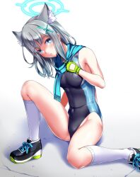 Rule 34 | 1girl, animal ear fluff, animal ears, bare arms, bare shoulders, black one-piece swimsuit, blue archive, blue eyes, blush, breasts, competition swimsuit, covered navel, cross, cross hair ornament, extra ears, gloves, grey hair, hair ornament, halo, highleg, highleg swimsuit, highres, inverted cross, kneehighs, looking at viewer, medium breasts, medium hair, mismatched pupils, multicolored clothes, multicolored swimsuit, one-piece swimsuit, scarf, shiroko (blue archive), shiroko (swimsuit) (blue archive), shoes, simple background, small breasts, sneakers, socks, solo, spread legs, swimsuit, tsuchimiya, two-tone swimsuit, white background, wolf ears