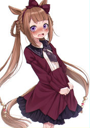Rule 34 | 1girl, absurdres, animal ears, blush, bow, braid, braided hair rings, brown hair, commentary request, dancho (dancyo), dress, frilled dress, frills, hair bow, hair rings, highres, horse ears, horse girl, horse tail, juliet sleeves, long hair, long sleeves, looking at viewer, nose blush, open mouth, puffy sleeves, purple eyes, red bow, red dress, simple background, solo, sweat, sweep tosho (umamusume), tail, teeth, twin braids, twintails, umamusume, upper teeth only, v-shaped eyebrows, very long hair, white background