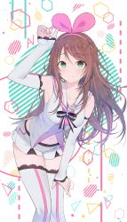 Rule 34 | 1girl, absurdres, adjusting hair ornament, aqua eyes, armpits, black bow, blush, bow, bowtie, brown hair, closed mouth, collarbone, commentary, cropped legs, detached sleeves, hair bow, hairband, highres, kizuna ai, kizuna ai inc., lace, lace-trimmed legwear, lace-trimmed sleeves, lace trim, long sleeves, looking at viewer, midriff, midriff peek, multicolored hair, nail polish, navel, pink bow, pink hairband, pink nails, ppyono, sailor collar, shirt, short shorts, shorts, sleeves past wrists, smile, solo, streaked hair, striped, striped bow, thighhighs, virtual youtuber, white sailor collar, white shirt, white shorts, white thighhighs