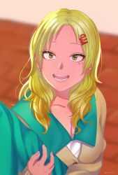 Rule 34 | 1girl, aiura mikoto, bad id, bad pixiv id, blonde hair, blurry, blurry background, earrings, facial mark, gyaru, hair ornament, hairclip, highres, holding own arm, indoors, jewelry, looking at viewer, nail polish, open mouth, parted bangs, parted lips, pink nails, saiki kusuo no psi nan, school uniform, simen sokka, smile, solo focus, twitter username, yellow eyes