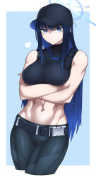 Rule 34 | 1girl, abs, bare shoulders, baseball cap, belt, black belt, black hair, black hat, black pants, black shirt, blue archive, blue background, blue eyes, breasts, buckle, chest harness, commentary request, covered collarbone, crop top, cropped legs, crossed arms, groin, halo, harness, hat, heart, highres, ikusuke, long hair, looking at viewer, medium breasts, midriff, muscular, muscular female, navel, no mask, pants, partial commentary, saori (blue archive), shirt, sleeveless, sleeveless shirt, snap-fit buckle, solo, standing
