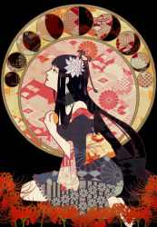 Rule 34 | 1girl, art nouveau, barefoot, bat hair ornament, black background, black hair, blue eyes, blue flower, blunt bangs, chinese border, commentary request, crescent moon, detached collar, double exposure, final fantasy, final fantasy xiv, flower, food, from side, fruit, hair flower, hair ornament, hime cut, holding, holding food, holding fruit, holding to chest, japanese clothes, kanzashi, kimono, knees, lace collar, lips, lipstick, long hair, makeup, mole, mole under mouth, moon, moon phases, mountain, obi, off shoulder, red lips, sash, seiza, sidelocks, simple background, sitting, solo, spider lily, tz0, very long hair, yotsuyu goe brutus