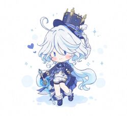 Rule 34 | 1girl, ahoge, ascot, asymmetrical gloves, black gloves, blue ascot, blue bow, blue eyes, blue footwear, blue gemstone, blue hair, blue hat, blue jacket, blush, blush stickers, bow, brooch, chibi, closed mouth, commentary request, footwear bow, furina (genshin impact), gem, genshin impact, gloves, hair between eyes, hair intakes, hand on own hip, hat, hat bow, heart, heterochromia, holding, holding sword, holding weapon, jacket, jewelry, lapels, long hair, long sleeves, looking at viewer, mismatched gloves, multicolored hair, open clothes, open jacket, parted bangs, pigumon, shirt, shoes, short shorts, shorts, sidelocks, simple background, sleeve cuffs, smile, socks, solid oval eyes, solo, sparkle, splendor of tranquil waters (genshin impact), split mouth, streaked hair, swept bangs, sword, thigh strap, tilted headwear, top hat, very long hair, weapon, white background, white gloves, white hair, white shirt, white shorts, white socks