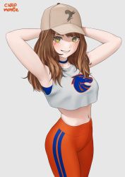 Rule 34 | 1girl, absurdres, arms behind head, arms up, artist name, breasts, brown hair, carlo montie, choker, crop top, grey background, hat, heart, highres, looking at viewer, medium breasts, navel, orange pants, pants, smile, tight clothes, tight pants, yellow eyes, yoga pants