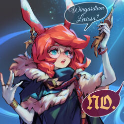 Rule 34 | 1girl, animal ears, aurora (league of legends), blue eyes, coat, earrings, elbow gloves, english text, fingerless gloves, freckles, fur-trimmed coat, fur trim, glasses, gloves, green hoodie, hair between eyes, highres, holding, holding wand, hood, hoodie, jewelry, league of legends, long hair, looking up, magic, open mouth, orange hair, outdoors, partially fingerless gloves, phantom ix row, rabbit ears, round eyewear, sidelocks, solo, speech bubble, teeth, upper body, upper teeth only, wand, white gloves