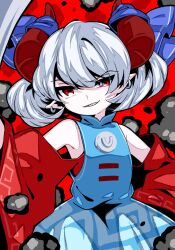 Rule 34 | 1girl, bare shoulders, blue dress, cowboy shot, dress, earrings, flat chest, grey hair, grin, highres, horizontal pupils, horns, jewelry, looking at viewer, pointy ears, red background, red eyes, sharp teeth, short hair, simple background, smile, smirk, solo, teeth, touhou, toutetsu yuuma, uneven eyes, yuka yukiusa