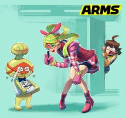 Rule 34 | 1boy, 2girls, ahoge, aqua background, arms (game), blonde hair, blush, boots, boxing gloves, brown hair, cobushii (arms), domino mask, closed eyes, full body, high heel boots, high heels, highres, mask, mechanica (arms), multiple girls, nintendo, official art, ponytail, purple eyes, ribbon girl (arms), short hair, simple background, smile, tears, yamamoto yuu