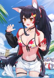 Rule 34 | 1girl, absurdres, animal, animal ear fluff, animal ears, bare shoulders, bikini, bikini under clothes, black choker, black hair, black jacket, blue sky, blush, breasts, cat, choker, cloud, collarbone, day, fangs, hair ornament, hands up, highres, hololive, innertube, jacket, large breasts, leaf print, long hair, maple leaf print, multicolored hair, multiple cats, navel, off shoulder, oksuri, ookami mio, ookami mio (hololive summer 2019), open fly, open mouth, orange eyes, outdoors, paw pose, ponytail, pool, red hair, short shorts, shorts, side-tie bikini bottom, sidelocks, sky, stomach, streaked hair, swim ring, swimsuit, tail, thigh strap, very long hair, virtual youtuber, wading, water, wet, white shorts, wolf ears, wolf girl, wolf tail
