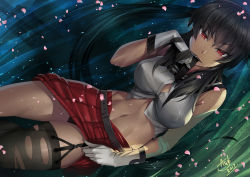 Rule 34 | 10s, 1girl, artist name, asdj, belt, black hair, black panties, breasts, clothes lift, cowboy shot, dated, garter straps, gloves, grass, highres, kantai collection, large breasts, lifted by self, long hair, looking at viewer, lying, midriff, mouth pull, navel, on back, outdoors, panties, pleated skirt, red eyes, sailor collar, school uniform, serafuku, single thighhigh, skirt, skirt lift, sleeveless, solo, teeth, thighhighs, torn clothes, underwear, white gloves, yahagi (kancolle)