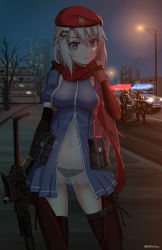 Rule 34 | 1girl, 2boys, 9a-91 (girls&#039; frontline), absurdres, ballistic shield, bare tree, beret, black panties, black sleeves, blue dress, blue eyes, blue sky, breasts, brown gloves, brown thighhighs, building, car, commentary request, detached sleeves, dress, girls&#039; frontline, gloves, gluteal fold, grey hair, gun, hair between eyes, hand up, hat, highres, holding, holding gun, holding weapon, lamppost, layered sleeves, long hair, long sleeves, looking at viewer, medium breasts, motor vehicle, multiple boys, name connection, ndtwofives, night, night sky, object namesake, outdoors, panties, parted lips, police car, puffy short sleeves, puffy sleeves, red headwear, red scarf, riot shield, road, scarf, see-through, shield, short over long sleeves, short sleeves, sky, skyscraper, street, thighhighs, tree, twitter username, underwear, very long hair, weapon