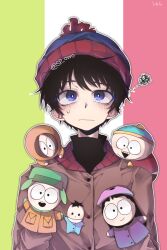 Rule 34 | 1boy, beanie, black hair, blue eyes, blush, colored eyelashes, eric cartman, frown, halloween (owo), hand puppet, hat, highres, ike broflovski, jacket, kenny mccormick, kyle broflovski, long sleeves, looking up, male focus, pom pom (clothes), pom pom beanie, puppet, short hair, south park, sp owo, spoken squiggle, squiggle, stan marsh, sweat, upper body, wendy testaburger