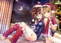 Rule 34 | 2girls, ahoge, alternate costume, bauble, bell, black bow, blonde hair, blue one-piece swimsuit, blush, bow, bow legwear, braid, brown hair, capelet, christmas ornaments, christmas tree, cloud, cloudy sky, covered erect nipples, covered navel, crescent moon, curtains, dressing, dutch angle, full-face blush, fur trim, hair between eyes, hair flaps, hair ornament, hair ribbon, hairclip, hat, highres, kantai collection, knees together feet apart, knees up, koyuki (kotatsu358), light smile, long hair, looking at viewer, moon, multiple girls, night, night sky, one-piece swimsuit, parted lips, red ribbon, ribbon, santa hat, school swimsuit, shigure (kancolle), single braid, sitting, sky, star (symbol), swimsuit, teeth, thighhighs, thighs, tress ribbon, white legwear, yuudachi (kancolle)