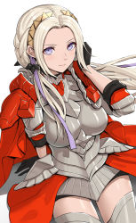 Rule 34 | 1girl, armor, black gloves, boobplate, breastplate, cape, commentary request, cowboy shot, edelgard von hresvelg, fire emblem, fire emblem: three houses, fire emblem warriors, fire emblem warriors: three hopes, forehead, gloves, gonzarez, hair ribbon, hand up, headband, highres, long hair, nintendo, purple eyes, purple ribbon, red cape, ribbon, silver hair, simple background, solo, standing, thighhighs, thighs, white background, zettai ryouiki
