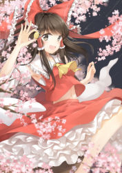 Rule 34 | 1girl, 3000 xiao chun, blush, bow, brown eyes, brown hair, cherry blossoms, coin, collarbone, hair bow, hair tubes, hakurei reimu, highres, holding, holding coin, looking at viewer, navel, open mouth, red bow, smile, solo, touhou