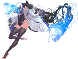 Rule 34 | 1girl, ayaki, barefoot, black hair, black thighhighs, blue eyes, breasts, character request, coat, commentary request, copyright request, covered navel, full body, highres, long hair, long legs, long sleeves, looking to the side, panties, parted lips, scissors, side-tie panties, signature, simple background, small breasts, solo, thighhighs, toeless legwear, underwear, white background, white coat, white panties, winter clothes, winter coat
