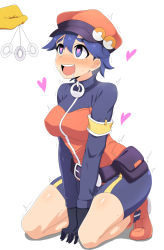 Rule 34 | 1girl, arm support, armband, belt, belt buckle, between legs, bike shorts, black belt, black gloves, black headwear, black jacket, black shorts, blue eyes, blue hair, blush, boots, breasts, buckle, creatures (company), drooling, full body, game freak, gen 1 pokemon, gloves, hair between eyes, hand between legs, hat, hat pin, heart, heart-shaped pupils, high collar, highres, hypno, hypnosis, jacket, kani club, kneeling, large breasts, long sleeves, mind control, mole, mole under eye, nintendo, npc trainer, open mouth, peaked cap, pendulum, poke ball symbol, pokemon, pokemon (creature), pokemon masters ex, pokemon ranger (pokemon), pouch, red footwear, red headwear, shadow, short hair, shorts, simple background, solo focus, sweat, symbol-shaped pupils, teeth, thick eyebrows, tiptoes, track jacket, trembling, uniform, upper teeth only, white background, zipper pull tab