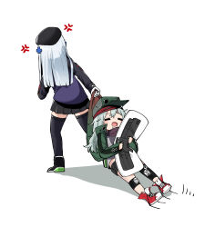 Rule 34 | 2girls, = =, anger vein, beret, black footwear, black hat, black legwear, black shorts, black skirt, blush stickers, cross hair ornament, dragging, drooling, facing away, from behind, g11 (girls&#039; frontline), girls&#039; frontline, gloves, green hat, green jacket, grey shirt, hair ornament, hat, highres, hk416 (girls&#039; frontline), jacket, junsuina fujunbutsu, knee pads, legs apart, long hair, long sleeves, military, military uniform, miniskirt, motion lines, multiple girls, open clothes, open jacket, open mouth, pleated skirt, purple jacket, red footwear, scarf, shadow, shirt, shoes, short shorts, shorts, simple background, skirt, sleeves past wrists, sneakers, thighhighs, uniform, untied footwear, white background, white gloves, white hair, zettai ryouiki