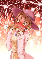 Rule 34 | 10s, 1girl, blush, brown eyes, brown hair, chigusa, commentary request, fingernails, food, full-face blush, hair ornament, hat, hojo karen, idolmaster, idolmaster cinderella girls, idolmaster cinderella girls starlight stage, long fingernails, long hair, long sleeves, low twintails, mouth hold, nail polish, potato wedges, solo, sweat, tears, twintails, wide-eyed