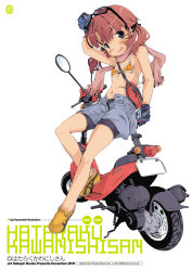 Rule 34 | 1girl, bike shorts, bikini, bikini top only, blue eyes, child, denim, denim shorts, face, flat chest, gloves, goggles, hair ribbon, highres, motor vehicle, navel, open fly, original, red hair, ribbon, scarf, scooter, shorts, smile, solo, sunglasses, swimsuit, twintails, unzipped, vehicle, westriver