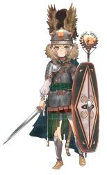 Rule 34 | 1girl, armor, asymmetrical armor, blonde hair, chainmail, cloak, commission, dongsa wonhyong, full body, greaves, green cloak, green eyes, helmet, highres, holding, holding shield, holding sword, holding weapon, original, pauldrons, pixiv commission, plaid, plaid cloak, sandals, shield, shoulder armor, simple background, solo, standing, sword, tail, weapon, white background