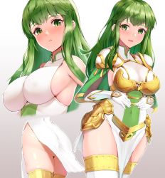 Rule 34 | 1girl, :d, armor, ass, bare shoulders, blush, breastplate, breasts, capelet, clothes lift, covered navel, cropped legs, dress, dyne gallon, elbow gloves, faulds, female focus, fire emblem, fire emblem: mystery of the emblem, fire emblem heroes, gloves, gold trim, gradient background, green capelet, green eyes, green hair, grey background, groin, highres, large breasts, long hair, looking at viewer, matching hair/eyes, multiple views, nintendo, no panties, official alternate costume, open mouth, palla (fire emblem), parted lips, pelvic curtain, pelvic curtain lift, shoulder armor, sideboob, skindentation, sleeveless, sleeveless dress, smile, solo, thighhighs, very long hair, white dress, white gloves, white thighhighs, wind, wind lift