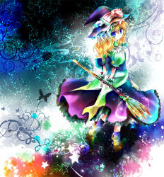 Rule 34 | 1girl, blonde hair, blue eyes, braid, broom, bug, butterfly, colorful, female focus, from behind, full body, hat, insect, kazu (muchuukai), kirisame marisa, looking at viewer, looking back, side braid, solo, star (symbol), touhou, wavy hair, wings, witch, witch hat, wrist cuffs