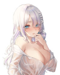 Rule 34 | 1girl, bare shoulders, blue eyes, blush, breasts, cleavage, closed mouth, collarbone, collared shirt, commission, copyright request, hair between eyes, hair ornament, hair over one eye, hairclip, hand up, highres, large breasts, long hair, long sleeves, looking at viewer, mohaka (m 0haka), multicolored hair, no bra, off shoulder, see-through, shirt, sidelocks, simple background, solo, sweat, tearing up, two-tone hair, upper body, very long hair, wet, wet clothes, wet shirt, white background, white hair, white shirt, x hair ornament