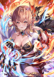 Rule 34 | 1girl, akami770, black skirt, boobplate, bracelet, braid, breastplate, breasts, brown hair, cleavage, cowboy shot, detached sleeves, dragon girl, fire, galmieux omen of disdain, gem, hand up, highres, jewelry, large breasts, long hair, midriff, miniskirt, monster girl, open mouth, red eyes, scales, shadowverse, single bare shoulder, single thighhigh, skirt, solo, thighhighs, tongue