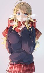 Rule 34 | 1girl, ahoge, arm behind back, black sweater, blonde hair, blue eyes, blush, breasts, breath, cowboy shot, finger to own chin, grey background, hachimiya meguru, hair ornament, hairclip, hand up, highres, idolmaster, idolmaster shiny colors, large breasts, long hair, long sleeves, looking at viewer, nasu bacon, parted lips, plaid, plaid scarf, plaid skirt, pleated skirt, red scarf, red skirt, scarf, shirt, sidelocks, simple background, skirt, sleeves past wrists, solo, standing, sweater, swept bangs, v-neck, white shirt