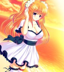 Rule 34 | 1girl, blonde hair, breasts, cleavage, clothes, cloud, dress, game cg, large breasts, little rabbits - wagamama twin tail, long image, purple eyes, sky, solo, tall image