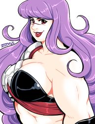 Rule 34 | 1girl, armor, bikini armor, breasts, female focus, indivisible, jmanvelez, large breasts, lips, long hair, muscular, muscular female, phoebe (indivisible), purple hair, red eyes, simple background, smile, solo, upper body, white background