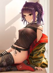 Rule 34 | 1girl, ankle boots, arm support, bare shoulders, belt, belt buckle, boots, bottomless, breasts, brown eyes, buckle, camouflage, camouflage jacket, closed mouth, diagonal bangs, ear piercing, female pubic hair, from side, highres, idolmaster, idolmaster shiny colors, indoors, jacket, leaning back, long sleeves, looking away, medium breasts, navel, nipple bar, nipple piercing, off shoulder, on floor, open clothes, open jacket, piercing, pubic hair, red footwear, see-through, shadow, short hair, short twintails, sidelocks, sitting, solo, sunlight, tanaka mamimi, thighhighs, turisasu, twintails, wooden floor