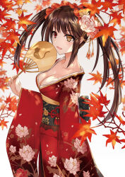 Rule 34 | 1girl, :d, asle, autumn leaves, black hair, breasts, cleavage, clock eyes, collarbone, commentary request, date a live, floral print, from side, hand fan, heterochromia, holding, holding fan, japanese clothes, kimono, leaf, long hair, long sleeves, maple leaf, medium breasts, obi, open mouth, paper fan, print kimono, red eyes, red kimono, sash, smile, solo, standing, symbol-shaped pupils, tokisaki kurumi, twintails, uchiwa, v-shaped eyebrows, white background, wide sleeves, yellow eyes