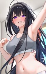 Rule 34 | 1girl, arm up, armpits, bare arms, bare shoulders, black hair, blush, breasts, commentary request, day, grey sports bra, highres, indoors, jyu-so, large breasts, long hair, navel, original, parted lips, purple eyes, sleeveless, smile, sports bra, stomach