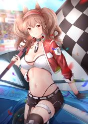Rule 34 | 1girl, absurdres, alternate costume, angelina (arknights), animal ear fluff, arknights, belt, black gloves, black shorts, black thighhighs, breasts, brown hair, car, choker, cleavage, confetti, crop top, cropped jacket, flag, garter straps, gloves, grin, hairband, highleg, highres, holding, jacket, k/on, light rays, long hair, looking at viewer, medium breasts, midriff, motor vehicle, navel, open clothes, open jacket, race queen, red eyes, red jacket, shirt, short shorts, shorts, single glove, smile, solo, stomach, thigh strap, thighhighs, thong, twintails, white shirt, wristband