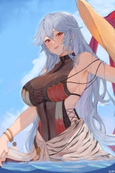 Rule 34 | 1boy, 2girls, absurdres, bare arms, bare shoulders, bracelet, breasts, cleavage, clothing request, commentary request, cowboy shot, cross-laced clothes, faceless, faceless female, fikkyun, gran (granblue fantasy), granblue fantasy, hat, highres, holding, jewelry, large breasts, long hair, looking at viewer, lyria (granblue fantasy), magisa (granblue fantasy), multiple girls, nail polish, outdoors, parted lips, pink eyes, see-through, see-through cleavage, sideboob, sleeveless, slit pupils, solo focus, sun hat, swimsuit, very long hair, wading