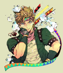 Rule 34 | 1boy, battle tendency, blonde hair, blue eyes, bubble, caesar anthonio zeppeli, character name, facial mark, feather hair ornament, feathers, fingerless gloves, gloves, green gloves, green jacket, hand on own face, head rest, headband, heart, jacket, jojo no kimyou na bouken, looking at viewer, male focus, mossarimikan, ribbon, scarf, shirt, solo, white shirt, zig zag