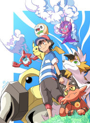 Rule 34 | 1boy, ash ketchum, bad id, bad pixiv id, baseball cap, black hair, brown eyes, brown pants, capri pants, clenched hand, closed mouth, commentary request, creatures (company), game freak, gen 1 pokemon, gen 4 pokemon, gen 7 pokemon, grass, hat, hungry seishin, lycanroc, lycanroc (dusk), male focus, melmetal, mythical pokemon, nintendo, on head, on shoulder, pants, pikachu, poipole, pokemon, pokemon (anime), pokemon (creature), pokemon on head, pokemon on shoulder, pokemon sm (anime), rotom, rotom dex, rowlet, shirt, short sleeves, smile, standing, striped clothes, striped shirt, t-shirt, torracat, ultra beast, z-ring
