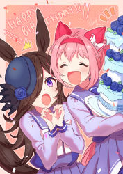 Rule 34 | 2girls, :d, ^^^, animal ears, blue flower, blue headwear, blue rose, blush, bow, brown hair, cake, closed eyes, confetti, ear bow, flower, food, hair intakes, hair over one eye, hairband, hands up, happy birthday, haru urara (umamusume), highres, horse ears, horse tail, layer cake, long hair, long sleeves, looking at another, multiple girls, notice lines, open mouth, pink hair, ponytail, purple eyes, purple shirt, purple skirt, rice shower (umamusume), rose, school uniform, shirt, signature, skirt, smile, stiff tail, tail, tracen school uniform, twitter username, umamusume, watawatage