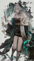 Rule 34 | 1girl, absurdres, arknights, bare shoulders, binggong asylum, black collar, black dress, black wings, collar, commentary request, crossed bangs, cup, dress, drinking glass, feet out of frame, full body, green eyes, green nails, green wings, hair between eyes, head wings, highres, ho&#039;olheyak (arknights), ho&#039;olheyak (carriage of the winds of time) (arknights), holding, holding cup, holding paintbrush, looking down, multicolored wings, nail polish, official alternate costume, paintbrush, sidelocks, slit pupils, solo, strapless, strapless dress, tongue, tongue out, watermark, weibo logo, weibo watermark, white hair, wine glass, wings