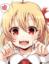 Rule 34 | 1girl, ahoge, blonde hair, bow, collarbone, hair bow, heart, looking at viewer, naname ushiro, open mouth, red bow, red eyes, rumia, sharp teeth, short hair, simple background, solo, spoken heart, teeth, touhou, upper body, white background