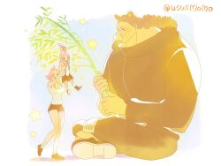 Rule 34 | 1boy, 2girls, aged down, animal ears, bamboo, bartholomew kuma, bear ears, black coat, black hair, black shorts, blue eyes, branch, breasts, carrying, carrying person, cleavage, closed mouth, coat, commentary, crossed legs, family, full body, ginny (one piece), glasses, highres, holding, holding branch, jewelry bonney, long hair, mother and daughter, multiple girls, ofuda, one piece, open mouth, pink hair, shirt, short hair, shorts, sidelocks, sleeveless, sleeveless shirt, smile, star (symbol), suspenders, symbol-only commentary, teeth, twitter username, upper teeth only, ususmomo, white shirt