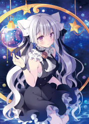Rule 34 | 1girl, absurdres, animal ears, ball, bare arms, bare shoulders, black dress, breasts, buttons, cat ears, commentary request, dress, frills, hair ornament, hand up, highres, hoshino koucha, long hair, looking at viewer, night, night sky, original, purple eyes, silver hair, sky, sleeveless, sleeveless dress, small breasts, smile, solo, standing, star (sky), star (symbol), starry sky, twintails, very long hair, water, wavy hair, wristband