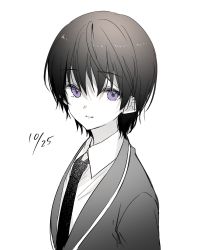 Rule 34 | blazer, character request, closed mouth, collared shirt, dated, gakuen alice, hair between eyes, highres, jacket, looking at viewer, monochrome, necktie, ouri (aya pine), purple eyes, school uniform, shirt, simple background, smile, upper body, white background