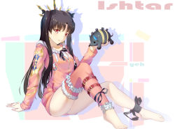 Rule 34 | 1girl, :o, ankle garter, ankle ribbon, arm at side, barefoot, black hair, black ribbon, blush, bridal garter, buckle, character name, drawing, earrings, fate/grand order, fate (series), feet, frills, full body, fur collar, fur trim, highres, holding, hoop earrings, ishtar (fate), jacket, jewelry, knees up, leg ribbon, long hair, long sleeves, looking at viewer, multicolored background, no pants, open mouth, panties, parted lips, pink jacket, pink thighhighs, red eyes, ribbon, shadow, single thighhigh, sitting, solo, stuffed animal, stuffed pig, stuffed toy, thighhighs, tiara, tohsaka rin, twintails, underwear, white panties, yeh (354162698)