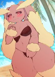 Rule 34 | 1girl, absurdres, animal nose, bare shoulders, beach, bikini, black sclera, blue sky, blush, body fur, breasts, brown fur, closed mouth, cloud, colored sclera, covering crotch, covering privates, cowboy shot, creatures (company), day, dutch angle, embarrassed, female focus, furry, furry female, game freak, gen 4 pokemon, grabbing own breast, half-closed eyes, highres, large breasts, long ears, looking at viewer, lopunny, navel, nintendo, o-ring, o-ring bikini, o-ring top, one breast out, outdoors, palm tree, pokemon, pokemon (creature), puniwanko, rabbit ears, rabbit girl, red eyes, sky, solo, split mouth, standing, stomach, string bikini, swimsuit, thick thighs, thighs, tree, two-tone fur, wavy mouth, wide hips, yellow fur